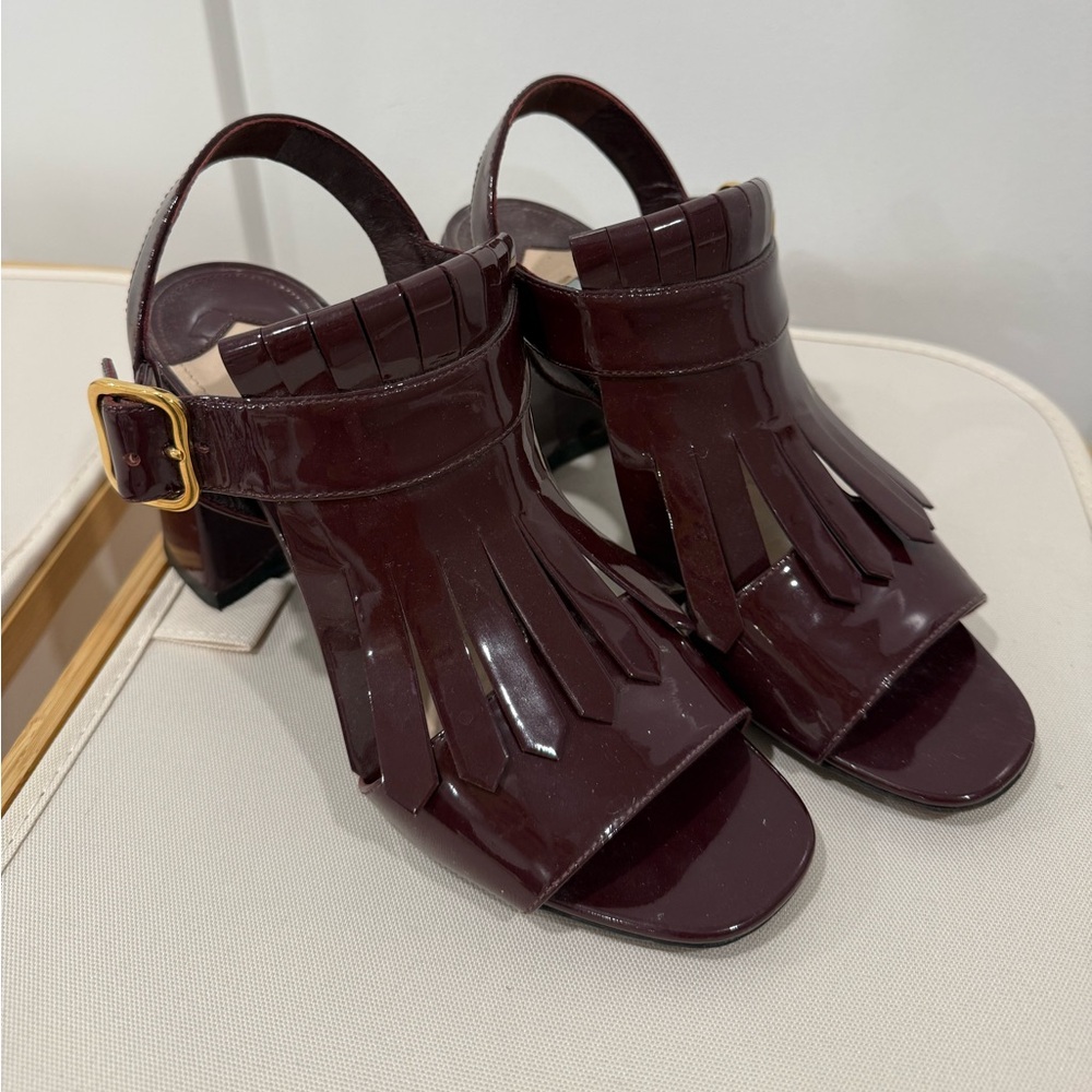 PRADA Burgundy Fringe Patent Leather Heel Sandals